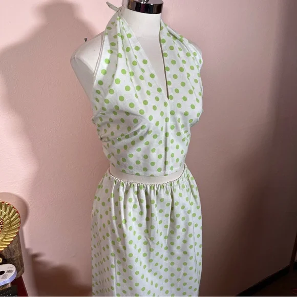 Vintage 60 70 Mod MCM Polka Dot Coquette Girl Cropped Top Maxi Skirt Set Dress - Picture 15 of 17